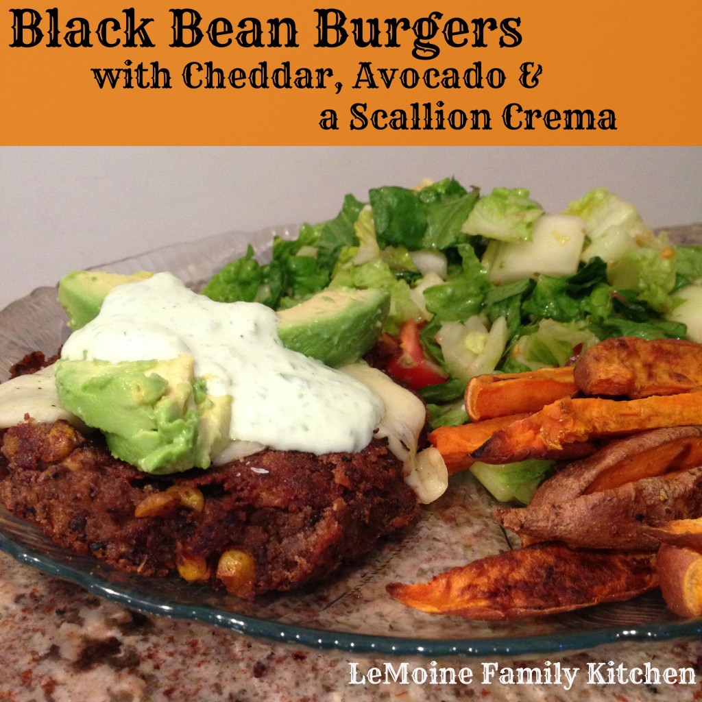 Black Bean Burgers with Cheddar, Avocado & Scallion Crema